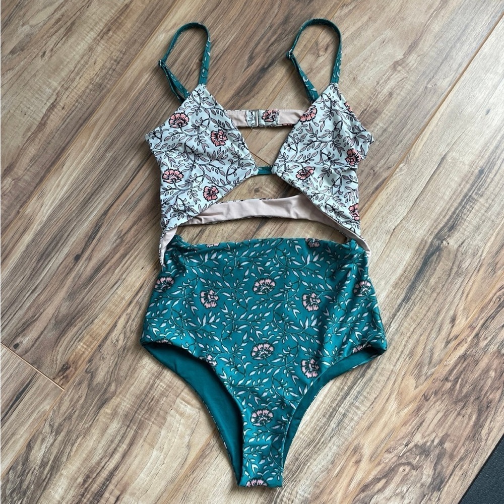 Anthropologie Floral Cutout One Piece in Teal and Cream